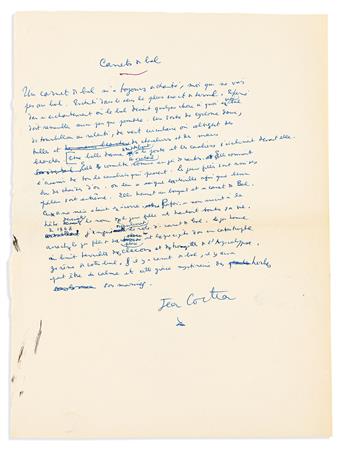 COCTEAU, JEAN. Group of 10 Autograph Manuscripts, including 5 Signed, brief or fragmentary working drafts of reviews for books or films